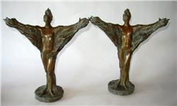 PAIR BRONZE CANDLESTICKS ICARUS